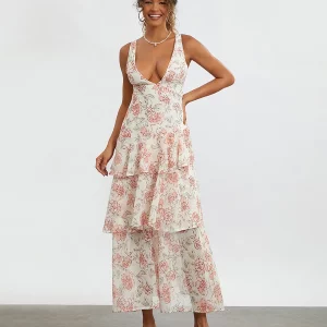 Y2K Vintage Boho Floral Deep V-Neck Ruffle Hem Dress