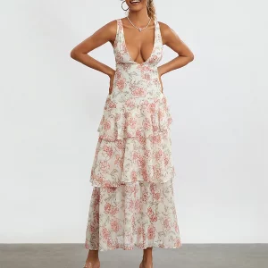 Y2K Vintage Boho Floral Deep V-Neck Ruffle Hem Dress