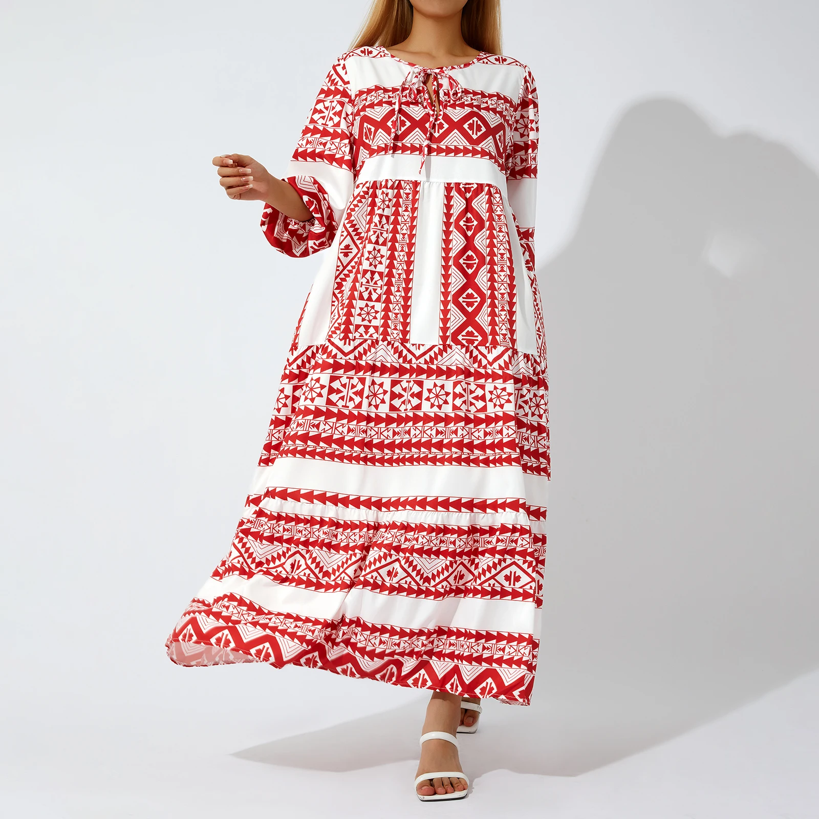 Y2K Vintage Boho Maxi Dress: Geometric Print Lace-up Puff Sleeve Swing Loose Fit