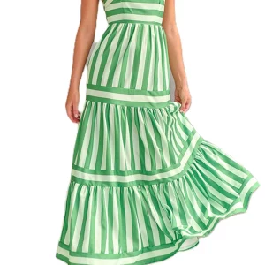 Y2K Vintage Boho Striped Swing Beach Dress - Backless Spaghetti Straps A-Line Sundress