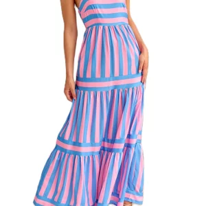 Y2K Vintage Boho Striped Swing Beach Dress - Backless Spaghetti Straps A-Line Sundress