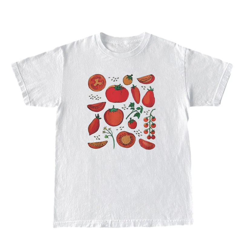 Y2K Vintage Boho Tomato Print T-Shirt | Botanical Graphic Tee for Women