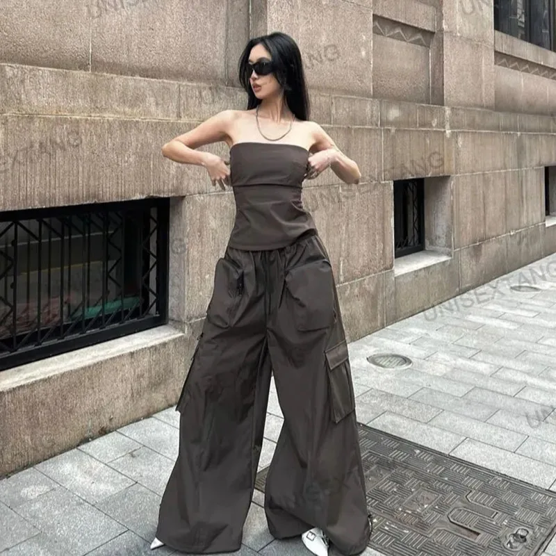 Y2K Vintage Brown Cargo Pants - Korean Loose Parachute Wide Leg Trousers