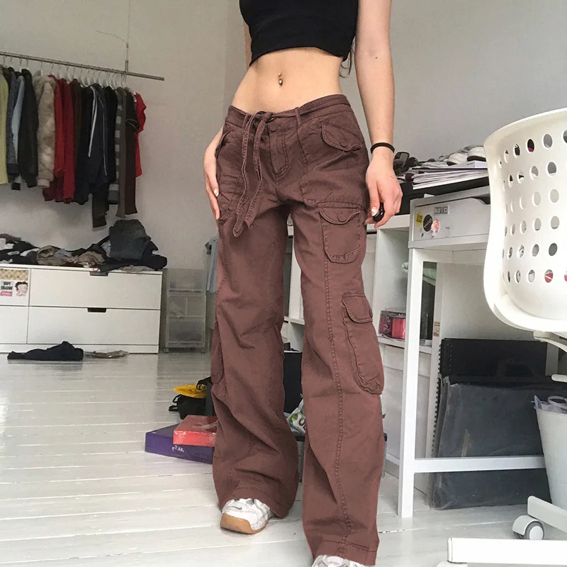 Y2k Vintage Cargo Jeans with Stitching Pockets - Indie Aesthetics Low Waist Flare Denim Trousers