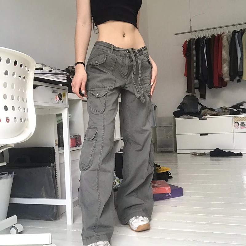 Y2k Vintage Cargo Jeans with Stitching Pockets - Indie Aesthetics Low Waist Flare Denim Trousers