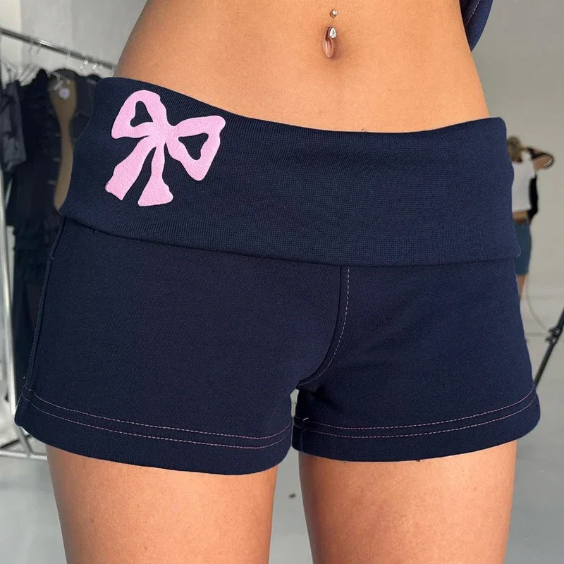 Y2K Vintage Chic Bow Print Shorts - Low Waist Slim Fit Casual Aesthetic Elastic Waist Cute Bottoms