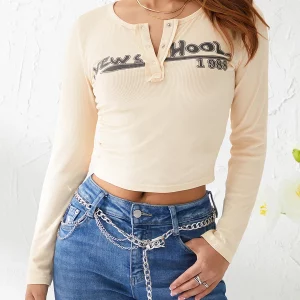 Y2K Vintage Crop Tops: Ribbed Long Sleeve Letter Slim Fit Streetwear