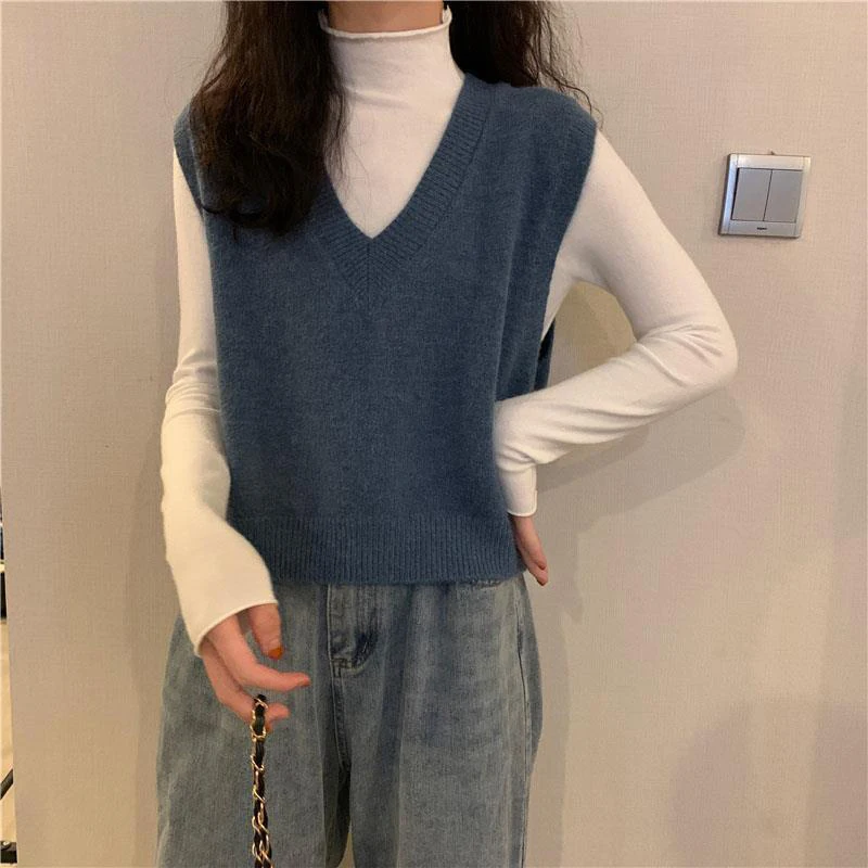 Y2K Vintage Cropped Sweater Vest - Korean Casual V Neck Knitted Top