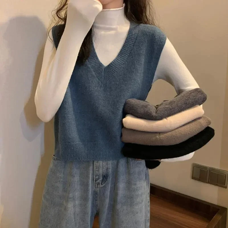 Y2K Vintage Cropped Sweater Vest - Korean Casual V Neck Knitted Top