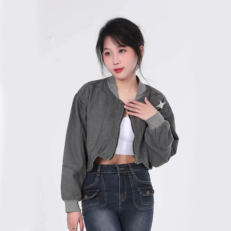 Y2K Vintage Denim Jacket: Autumn Gray Streetwear Zip Crop Coat