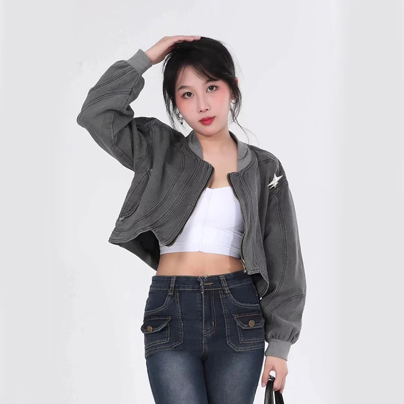 Y2K Vintage Denim Jacket: Autumn Gray Streetwear Zip Crop Coat