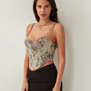 Y2K Vintage Floral Embroidery Cami Crop Tank Top - Spaghetti Strap Corset Bustier