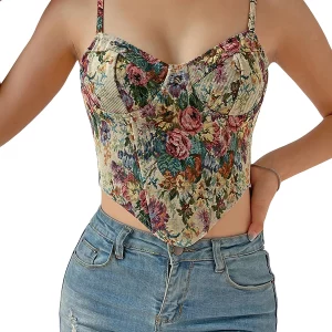 Y2K Vintage Floral Embroidery Cami Crop Tank Top - Spaghetti Strap Corset Bustier