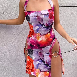 Y2K Vintage Floral Halter Mini Dress - Backless Lace-Up Sexy Side Split Casual Summer Outfit