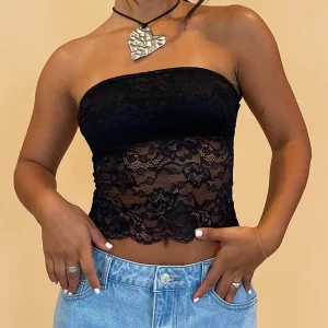 Y2K Vintage Floral Lace Bandeau Tube Top - Streetwear Grunge Aesthetic