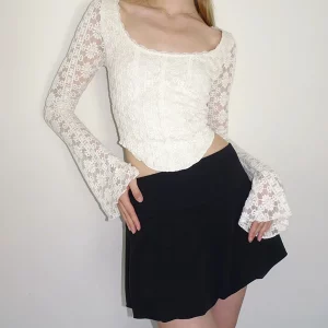 Y2K Vintage Floral Lace Crop Top with Flare Sleeves - Party Slim Fit