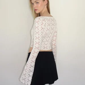 Y2K Vintage Floral Lace Crop Top with Flare Sleeves - Party Slim Fit