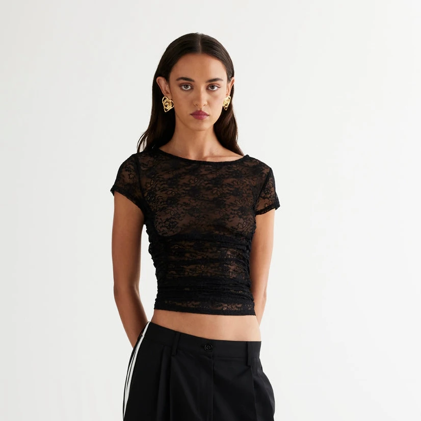 Y2K Vintage Floral Lace Tee Shirt: See-through Summer Draped Skinny Tops