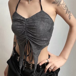 Y2K Vintage Gothic 2-Piece Set: Dark Mall Grunge Camisole & Buckle Crop Tops