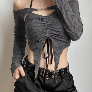 Y2K Vintage Gothic 2-Piece Set: Dark Mall Grunge Camisole & Buckle Crop Tops