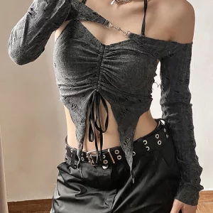 Y2K Vintage Gothic 2-Piece Set: Dark Mall Grunge Camisole & Buckle Crop Tops