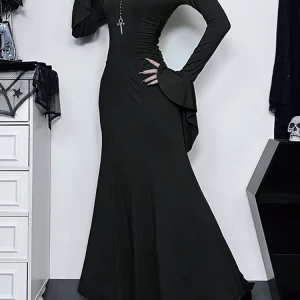 Y2K Vintage Gothic Nightclub Dress - Elegant High Waist Trumpet Style