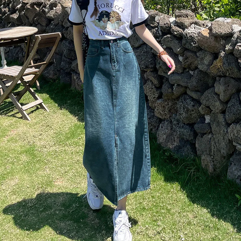 Y2K Vintage High Waist Denim Midi Skirt - Summer Fashion A-Line Skirt