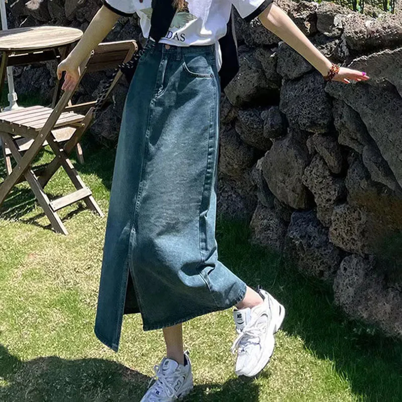 Y2K Vintage High Waist Denim Midi Skirt - Summer Fashion A-Line Skirt