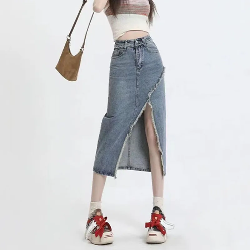 Y2K Vintage High Waist Denim Skirt - Spring Korean Tassel Slit A-Line - Harajuku Streetwear