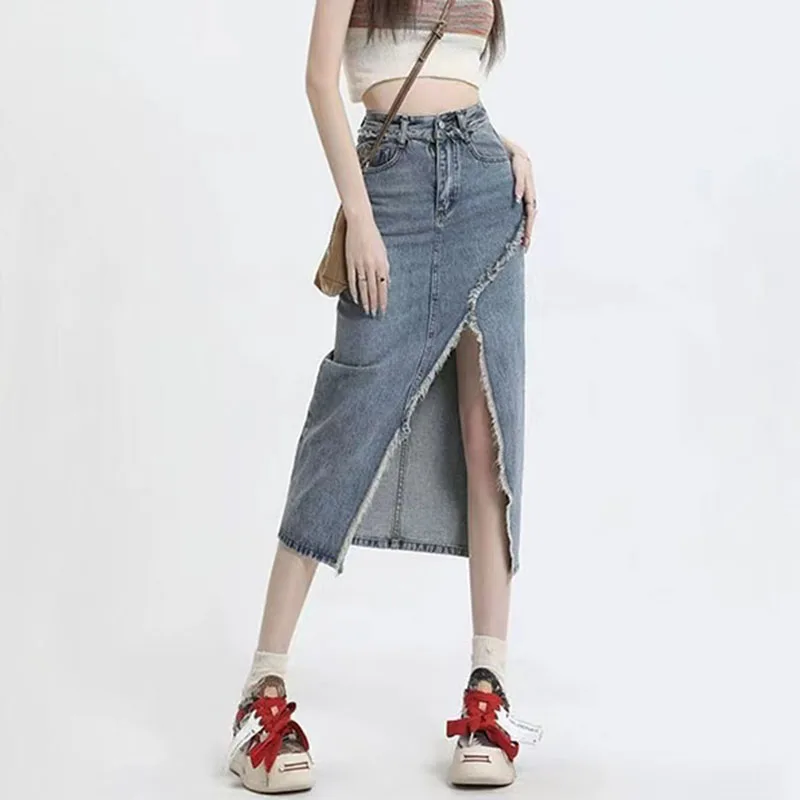 Y2K Vintage High Waist Denim Skirt - Spring Korean Tassel Slit A-Line - Harajuku Streetwear