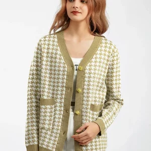 Y2K Vintage Houndstooth Knitted Cardigan - Casual Streetwear