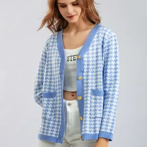 Y2K Vintage Houndstooth Knitted Cardigan - Casual Streetwear