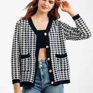 Y2K Vintage Houndstooth Knitted Cardigan - Casual Streetwear