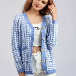 Y2K Vintage Houndstooth Knitted Cardigan - Casual Streetwear