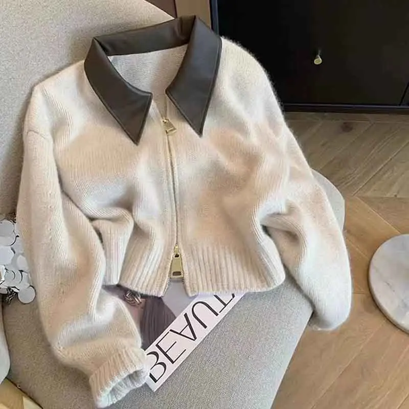 Y2K Vintage Knit Crop Cardigan - Korean Streetwear with Lapel Detail