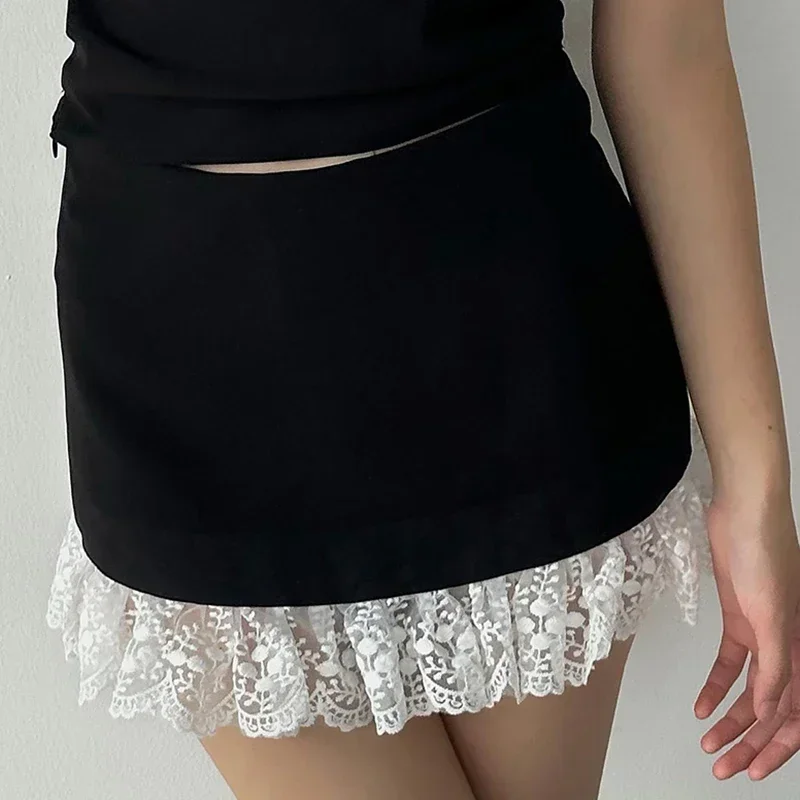 Y2K Vintage Lace Mini Skirt - Sweet Patchwork Streetwear Aesthetic