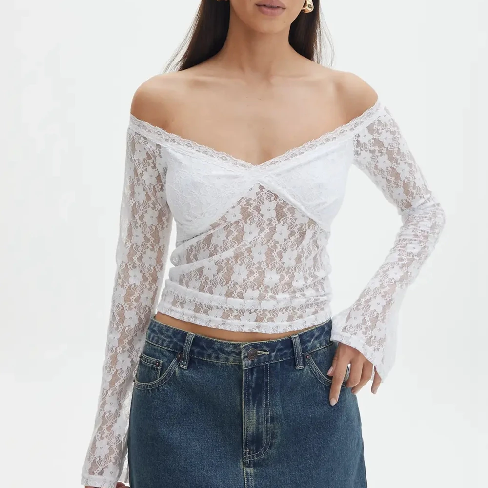 Y2K Vintage Lace Off-Shoulder Flare Sleeve Crop Top