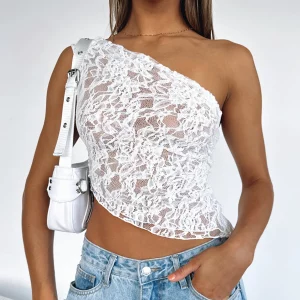 Y2K Vintage Lace One-Shoulder Irregular Hem Summer Top - Clubwear