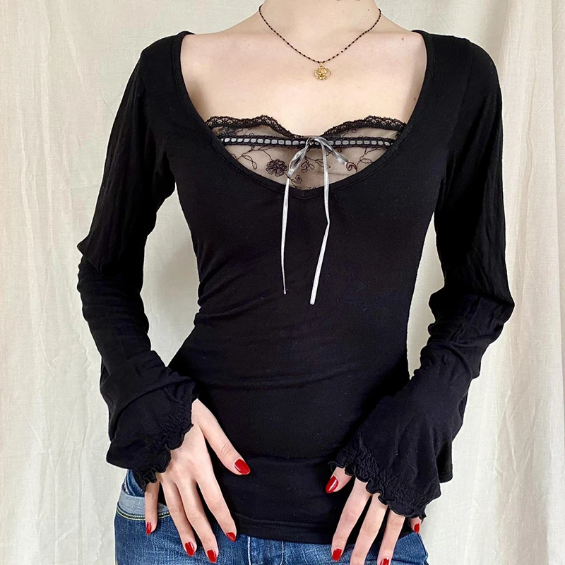 Y2K Vintage Lace Patchwork Black T-shirt - Grunge Clubwear