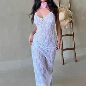 Y2K Vintage Lace Slit Sling Dress - Sexy Spaghetti Straps V-neck Backless - Party Beach Cover-ups