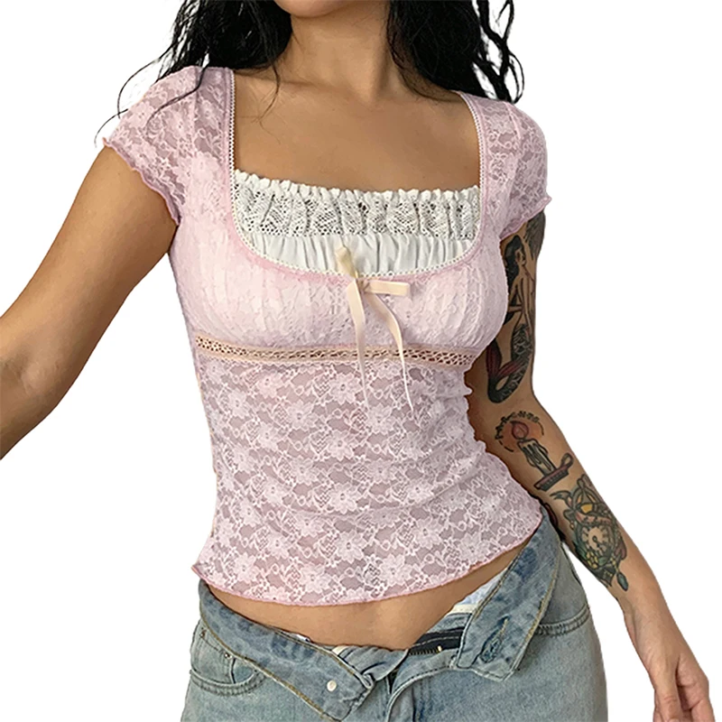 Y2K Vintage Lace V-Neck Crop Top - Grunge Fairy Summer Tee