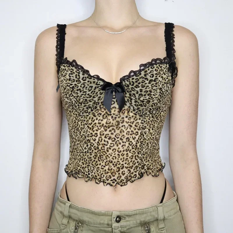 Y2K Vintage Leopard Print Crop Top with Lace Patchwork - Grunge Corset