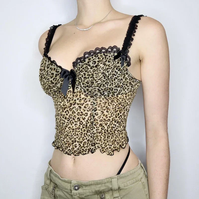 Y2K Vintage Leopard Print Crop Top with Lace Patchwork - Grunge Corset