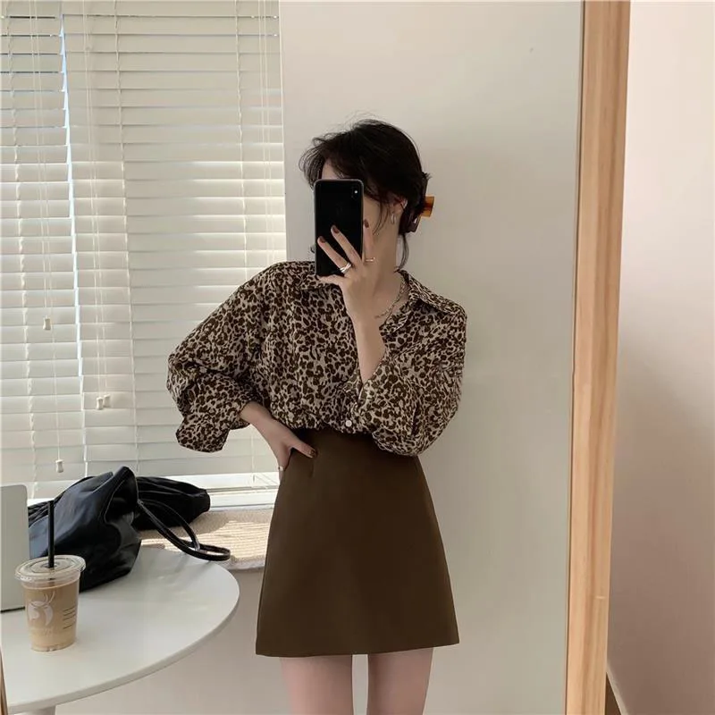 Y2K Vintage Leopard Print Shirt - Long Sleeve Casual Top for Women - Korean Streetwear Blouse