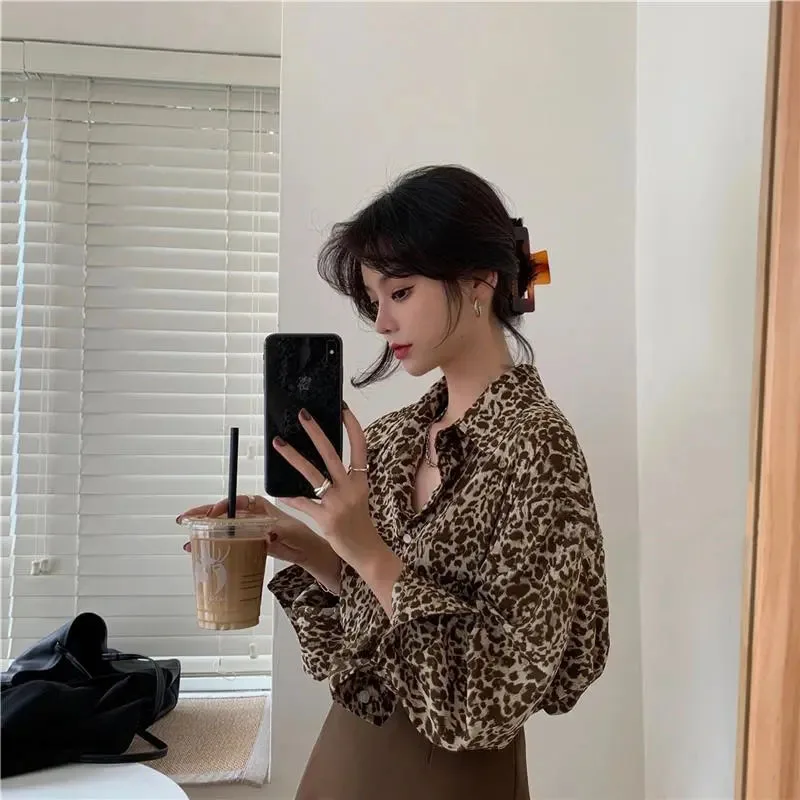 Y2K Vintage Leopard Print Shirt - Long Sleeve Casual Top for Women - Korean Streetwear Blouse