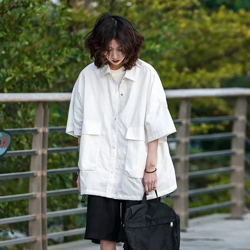 Y2K Vintage Loose Blouse: Harajuku Button-Up Pocket Top for Women