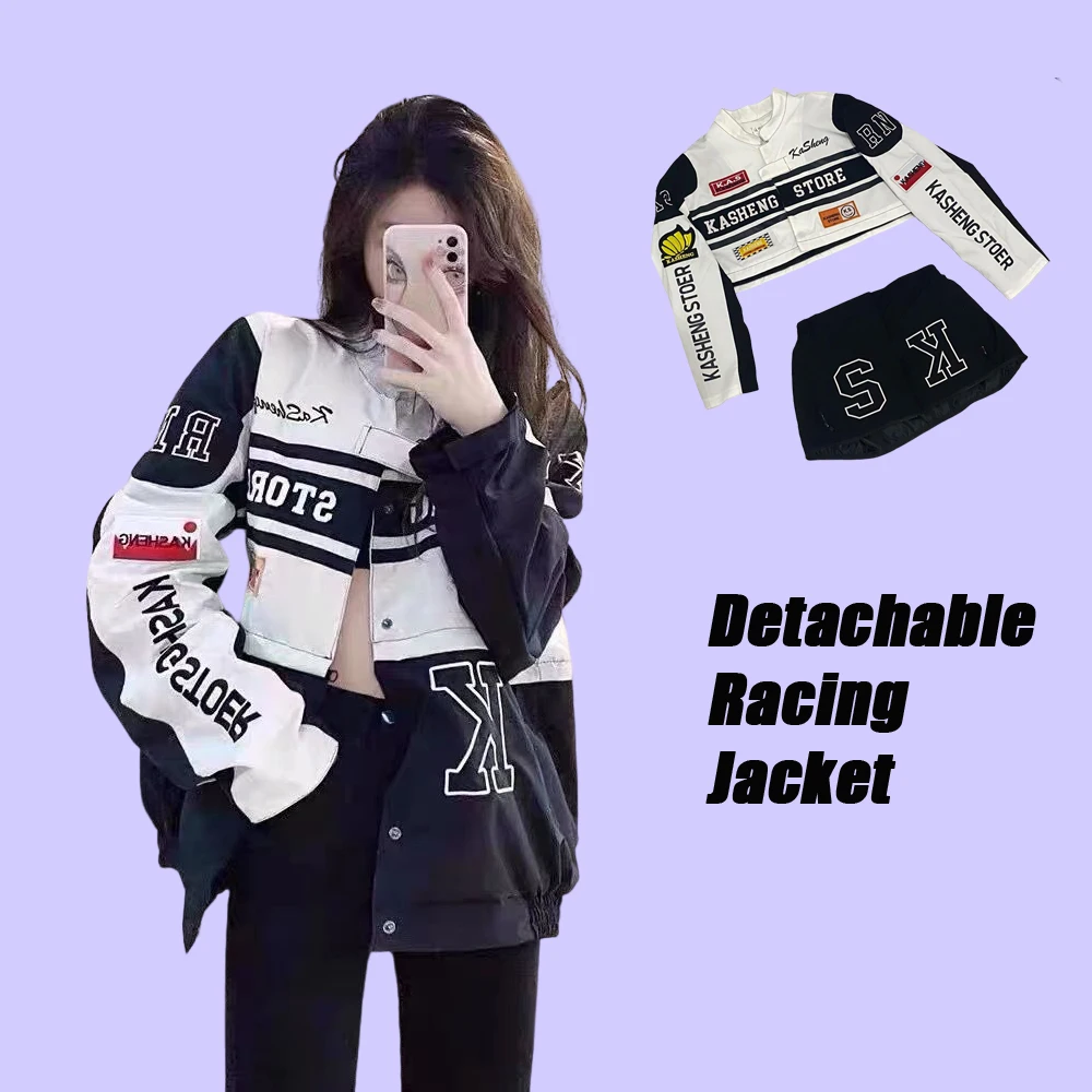 Y2K Vintage Motorcycle Racing Jacket with Detachable Skirt Set - Spring Autumn Harajuku Fashion