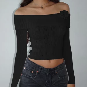 Y2K Vintage Off-Shoulder Knit Pullover with 3D Flower Detail