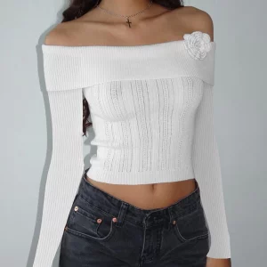 Y2K Vintage Off-Shoulder Knit Pullover with 3D Flower Detail