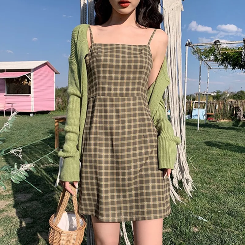 Y2K Vintage Plaid Dress: High Waist Avocado Green A-Line Sundress